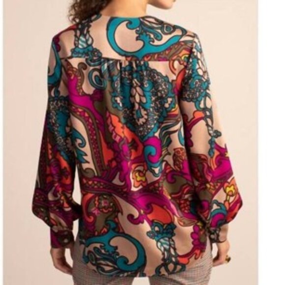 Trina Turk Laurynn Surplice Colorful Retro Floral Print Blouse Top Sz Small EUC - Picture 10 of 10